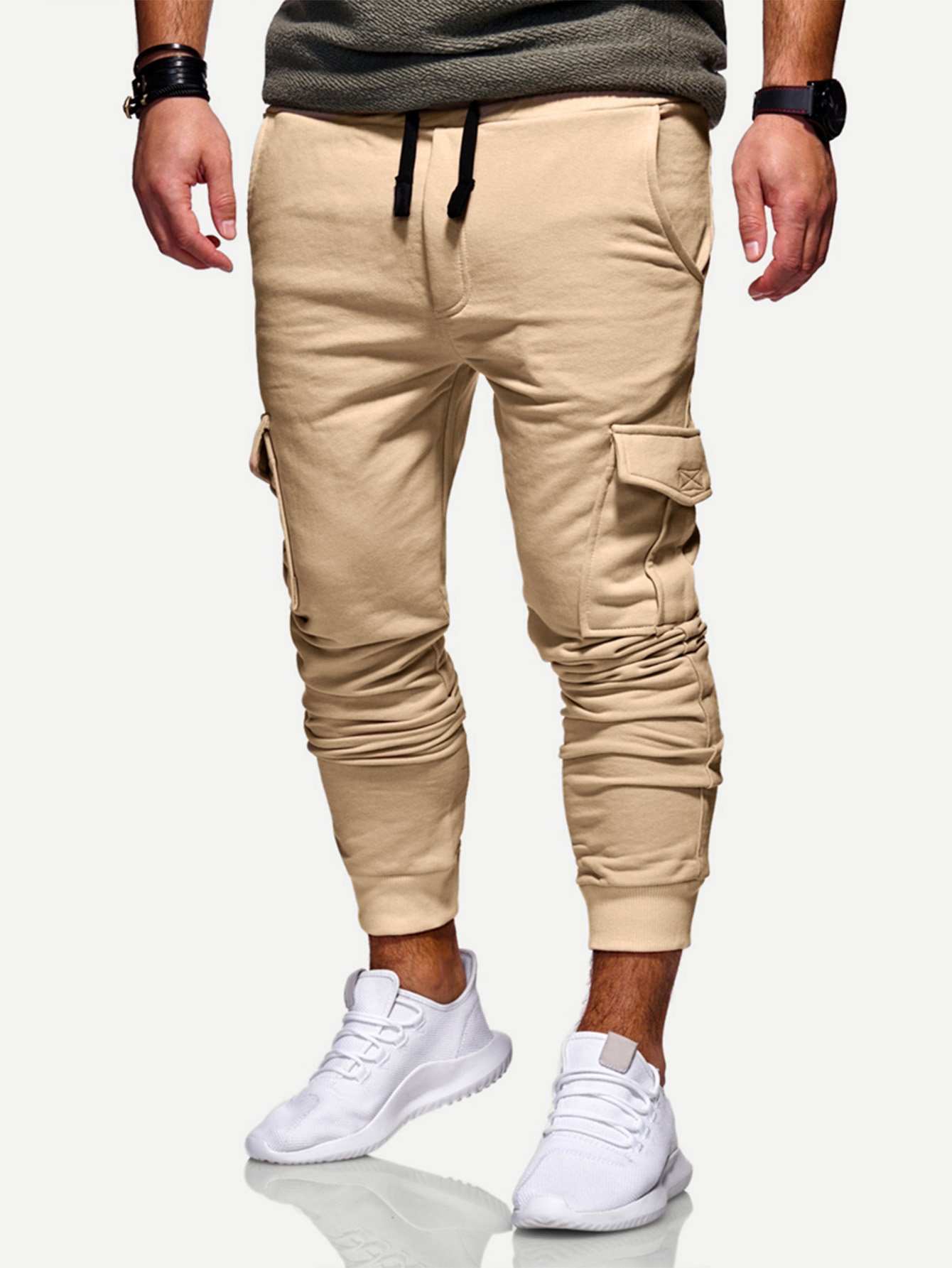 Men Solid Pockets Decoration Drawstring Pants