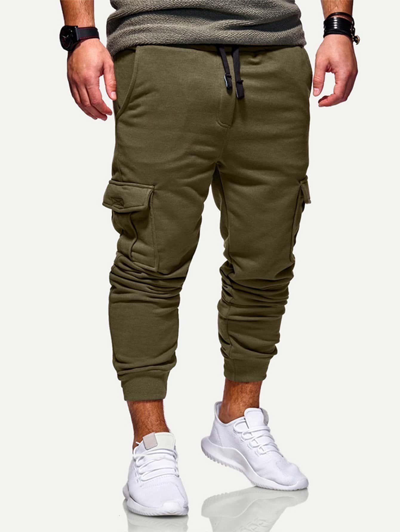 Men Solid Pockets Decoration Drawstring Pants