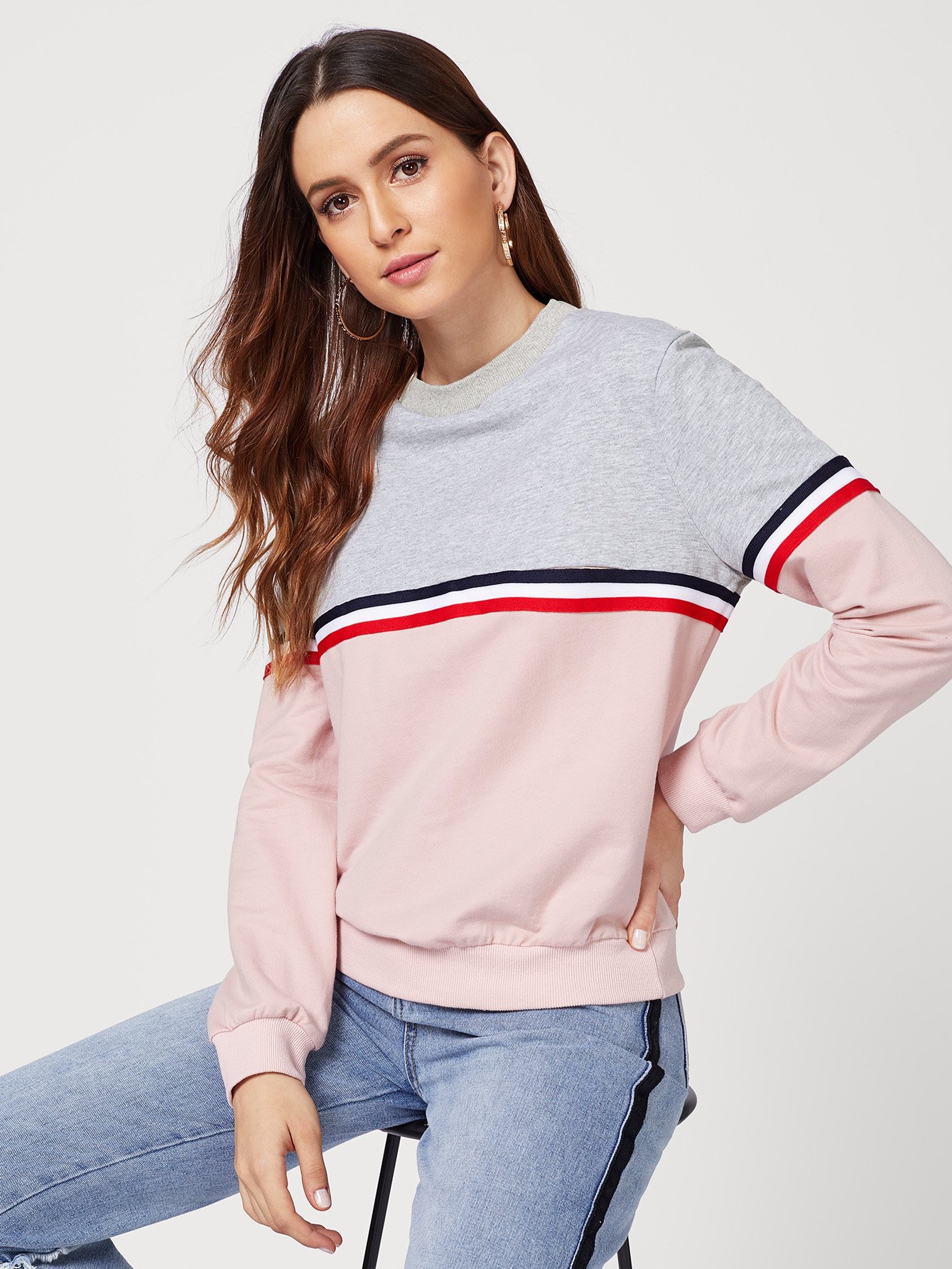 Полосатая тканая лента Деталь Two Tone Sweatshirt