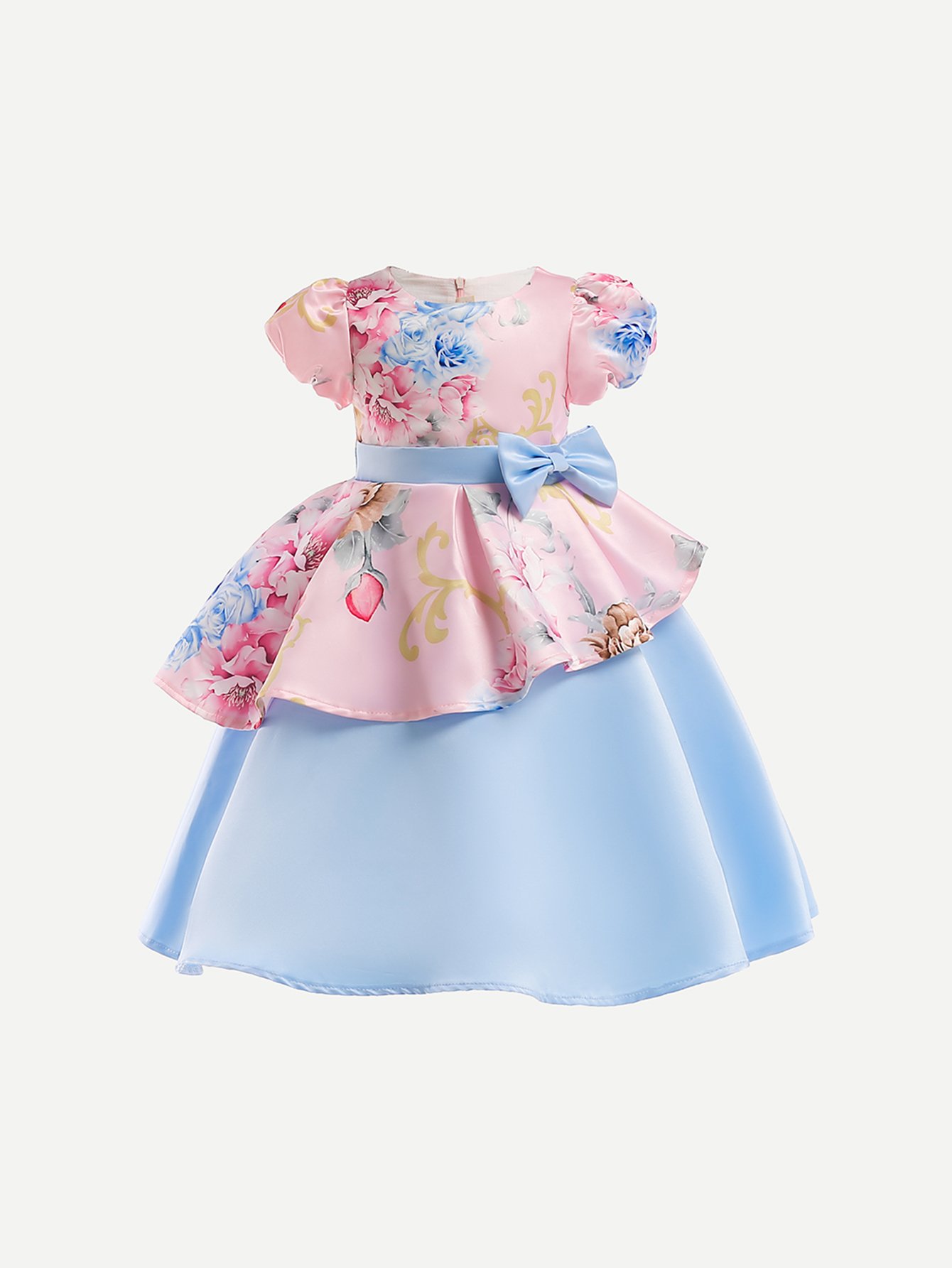 Girls Bow Detail Ruffle Hem Floral Print Dress