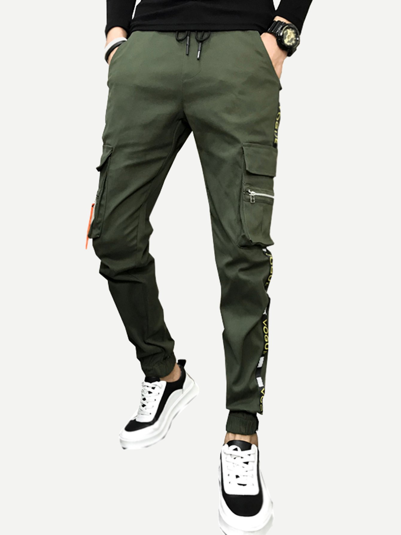 Men Pocket Decoration Tape Detail Drawstring Pants