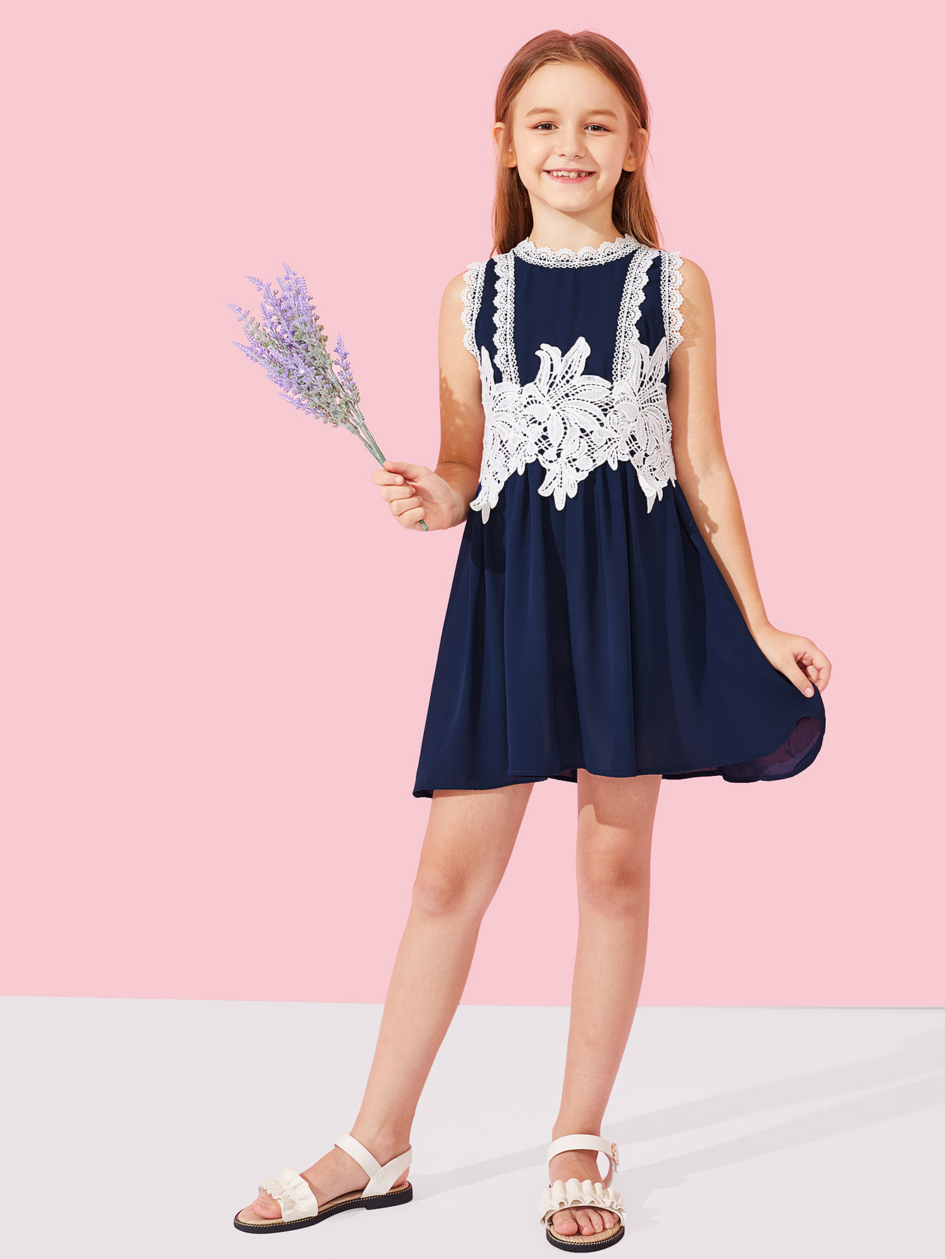 Платье для девочек Lace Contrast Appliques Shell