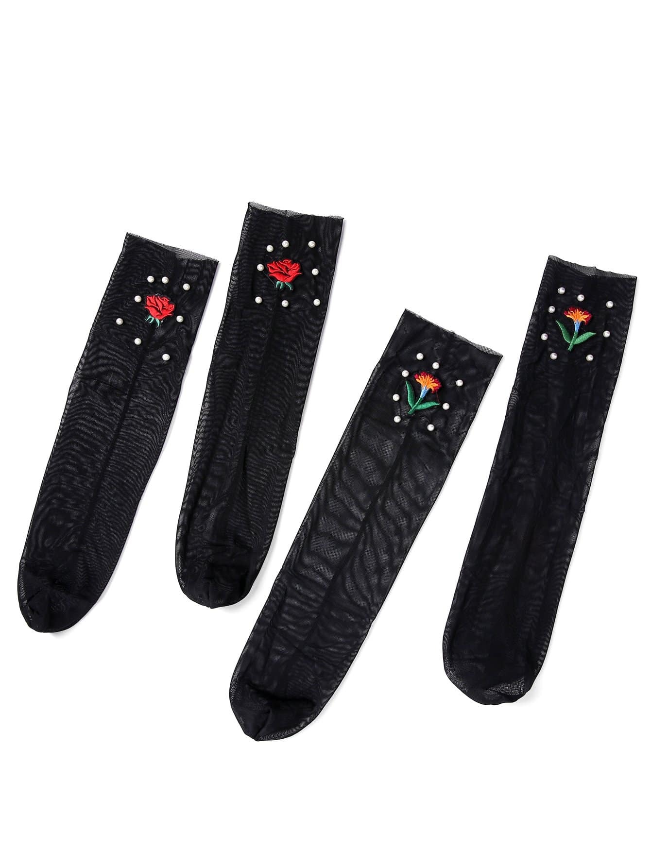 Faux Pearl Decorated Slouch Mesh Socks 2pairs