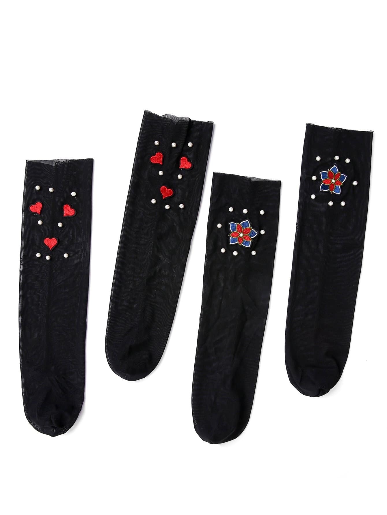 Faux Pearl & Heart Decorated Slouch Mesh Socks 2pairs