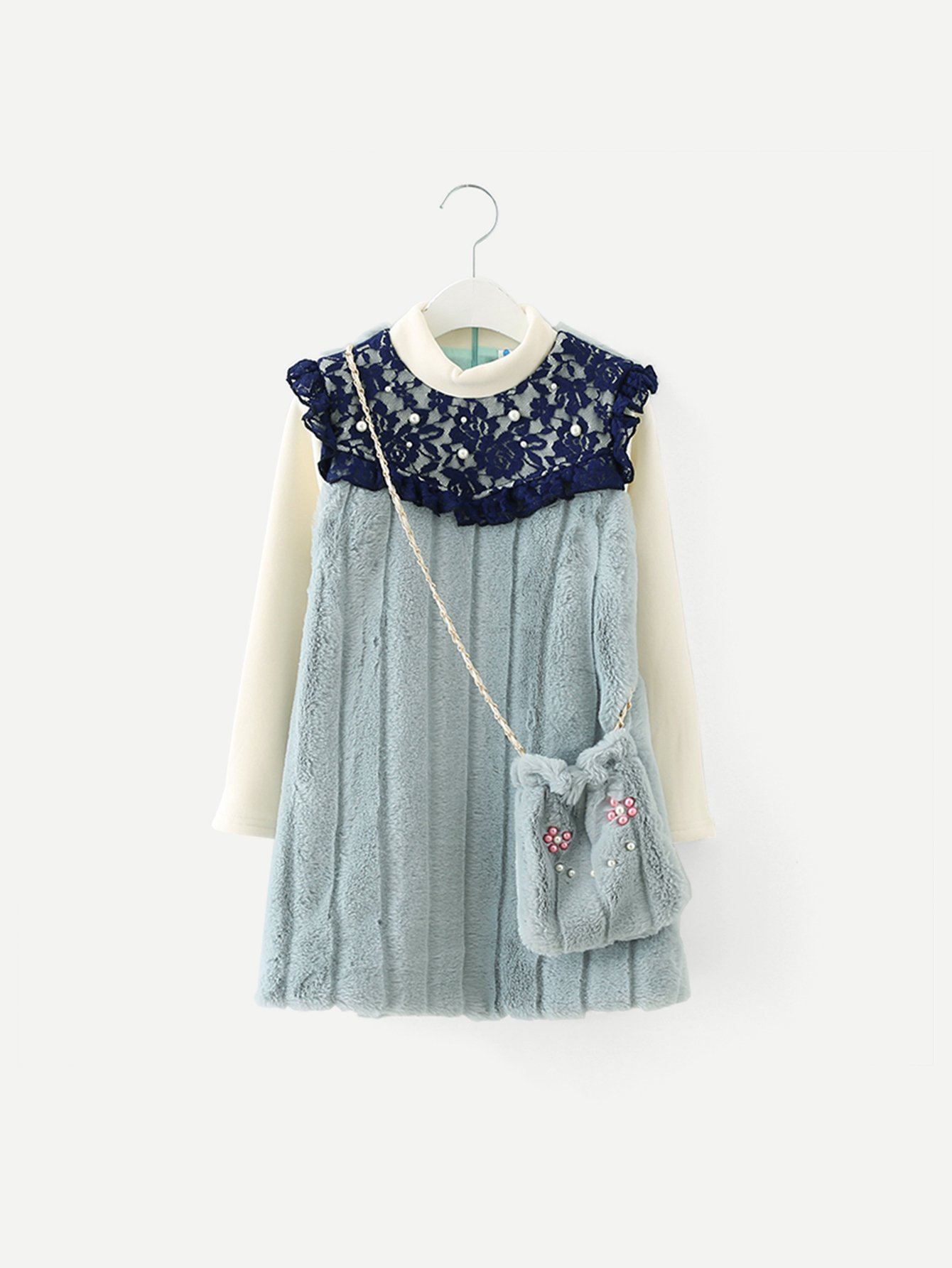 Girls Faux Fur Contrast Lace Dress With Bag