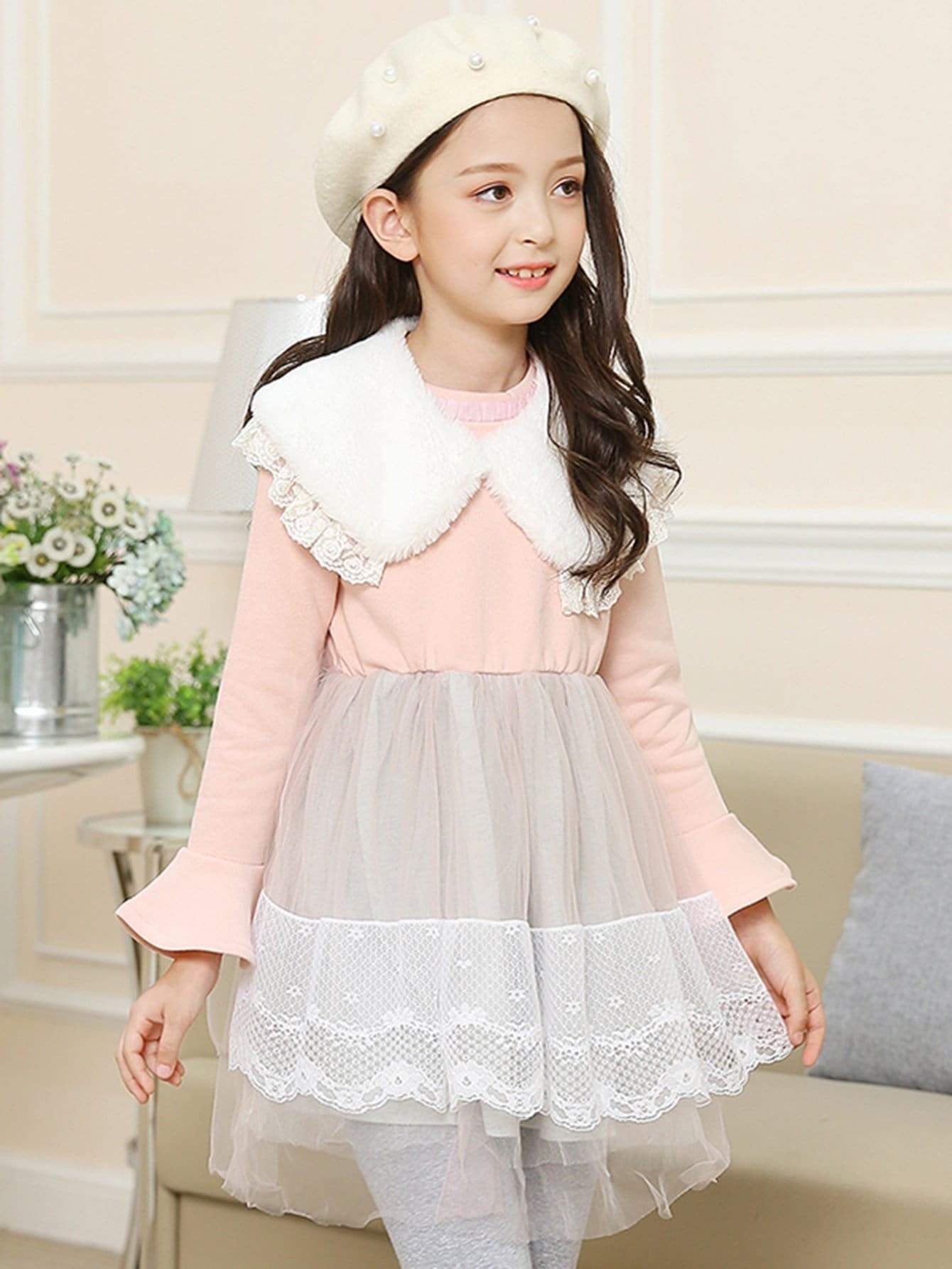 Girls Lace Trim Contrast Faux Fur Neck Dress