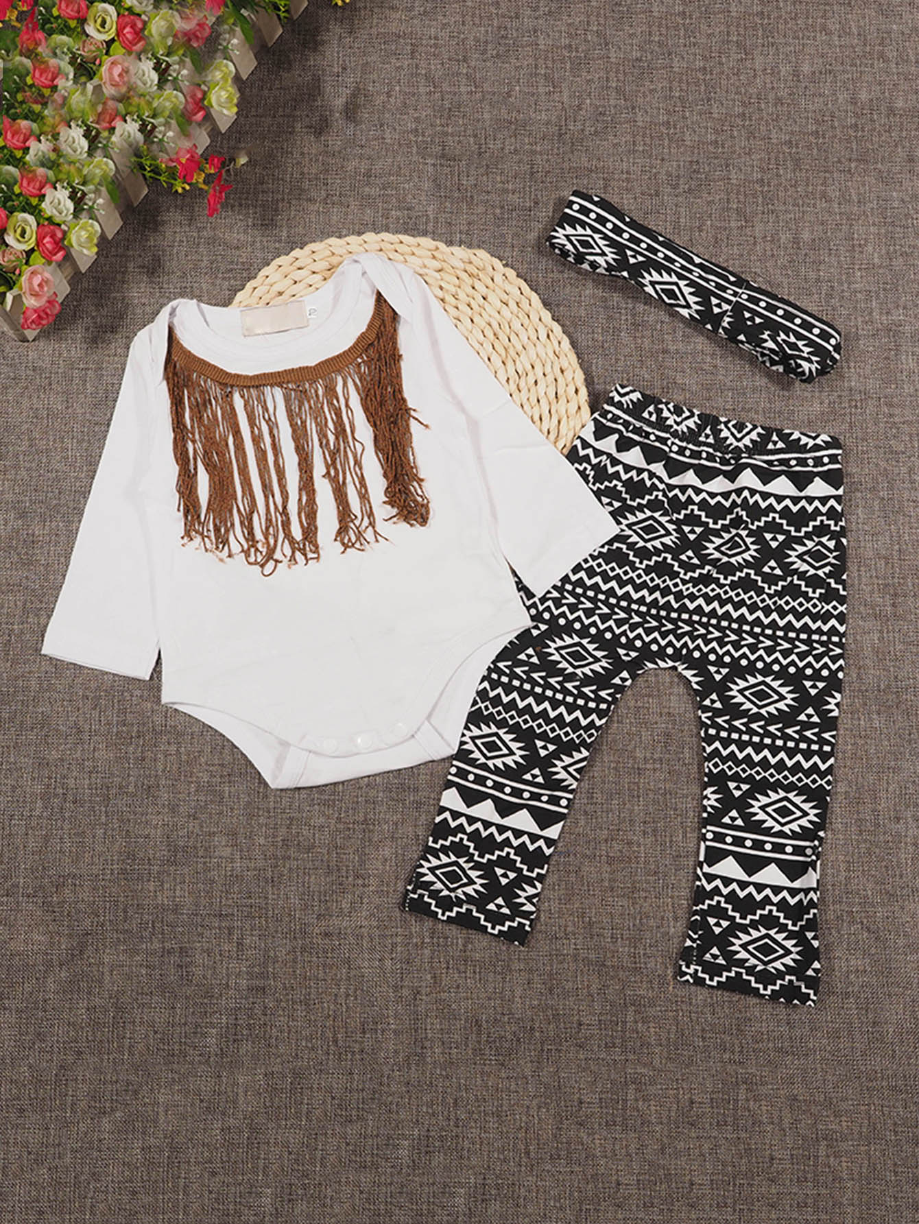 Girl Fringe Trim Jumpsuit & Geometric Print Pants Headband