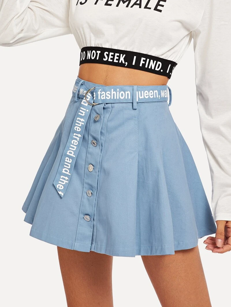 Belted Knee Short Letter Waist Single Breasted Skirt Print Summer Silhouette Shift Above FOC57q