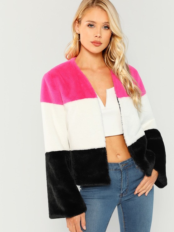 Female Fashionable Black White Striped Print Faux Fur Coat Short