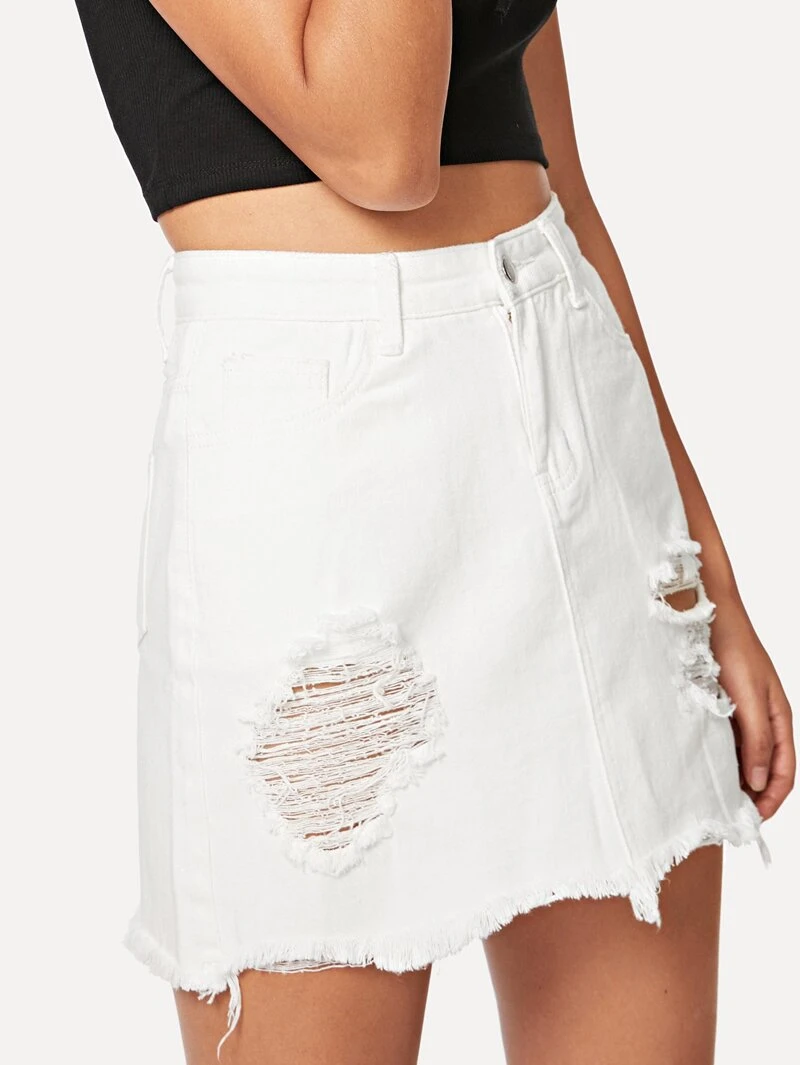 White Denim Raw Ripped Hem Mini Skirt Shift Waist Silhouette Summer xqTZq