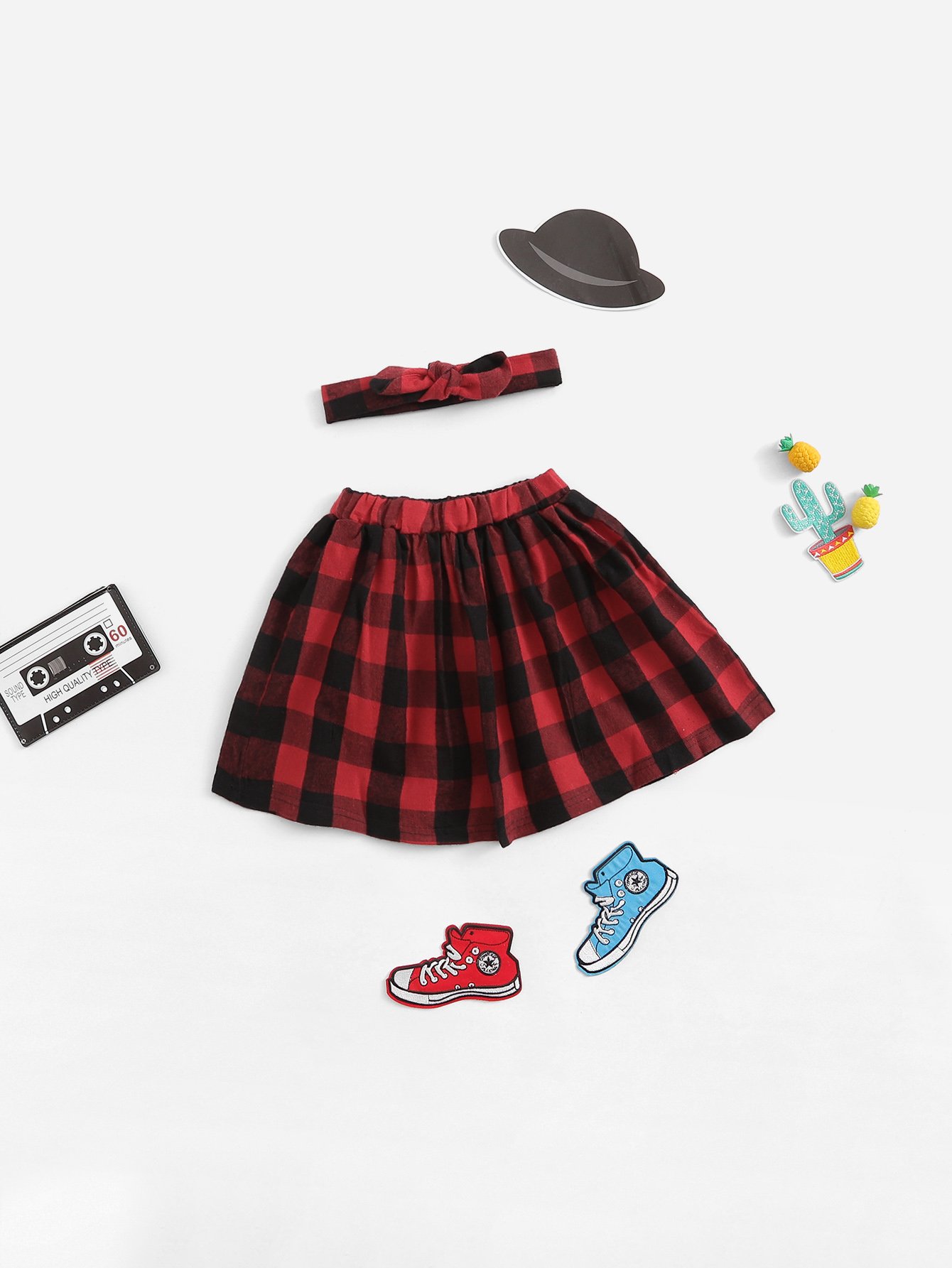 Girls Plaid Skirt With Headband