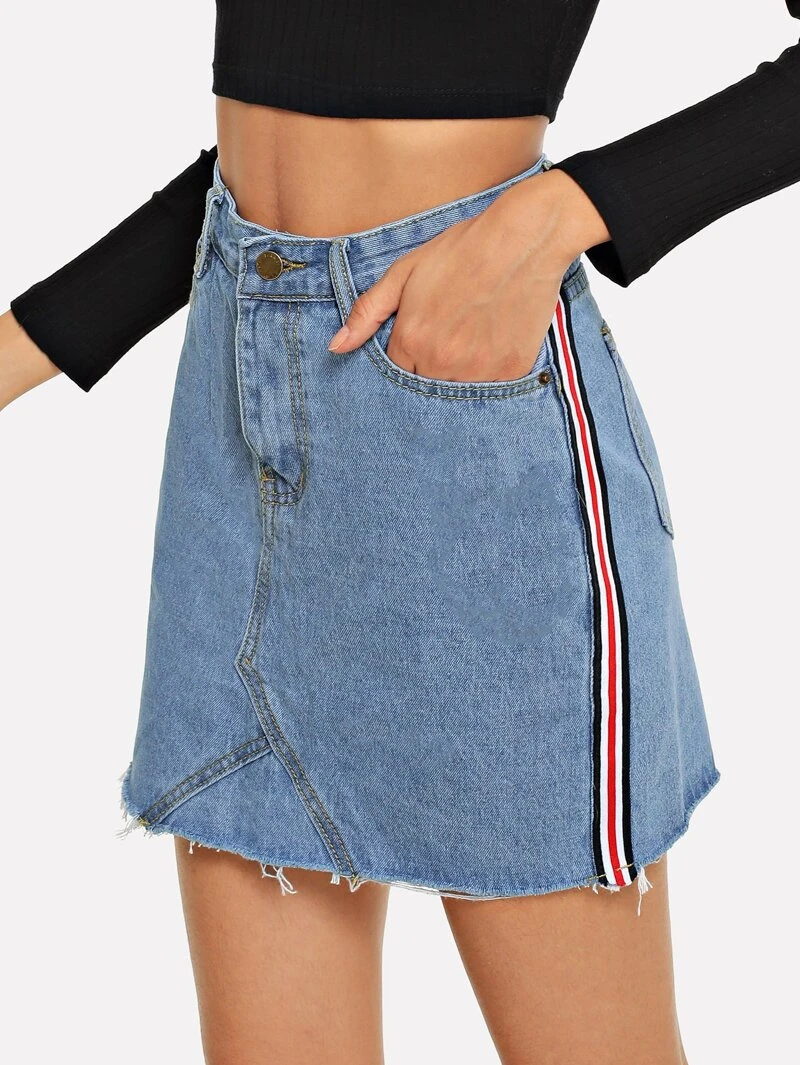 Short Knee Summer Blue Silhouette Stripe Seam Waist Skirt Sheath Denim Above BwqznC6x8n