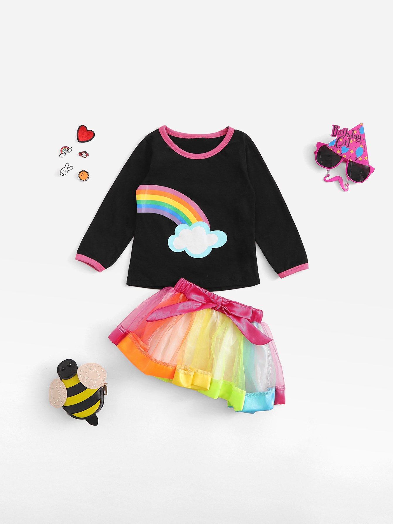 Girls Rainbow Print Tee With Skirt
