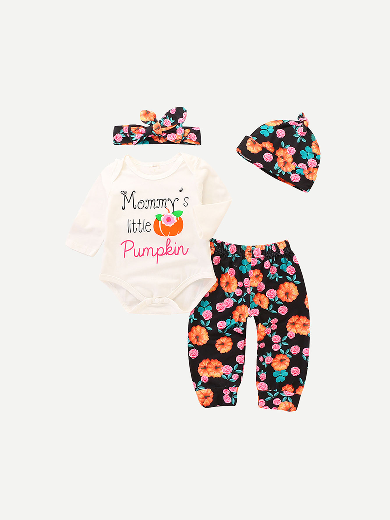 Girls Romper & Floral Pants With Hat and Headband