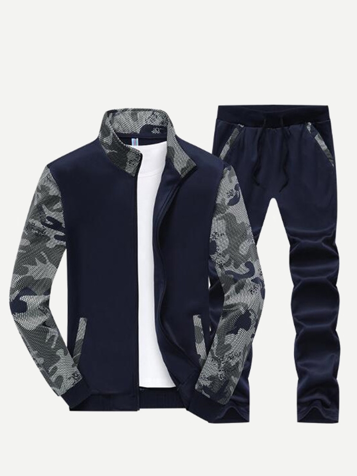 Men Cut And Sew Camouflage Jacket & Pants 2pcs