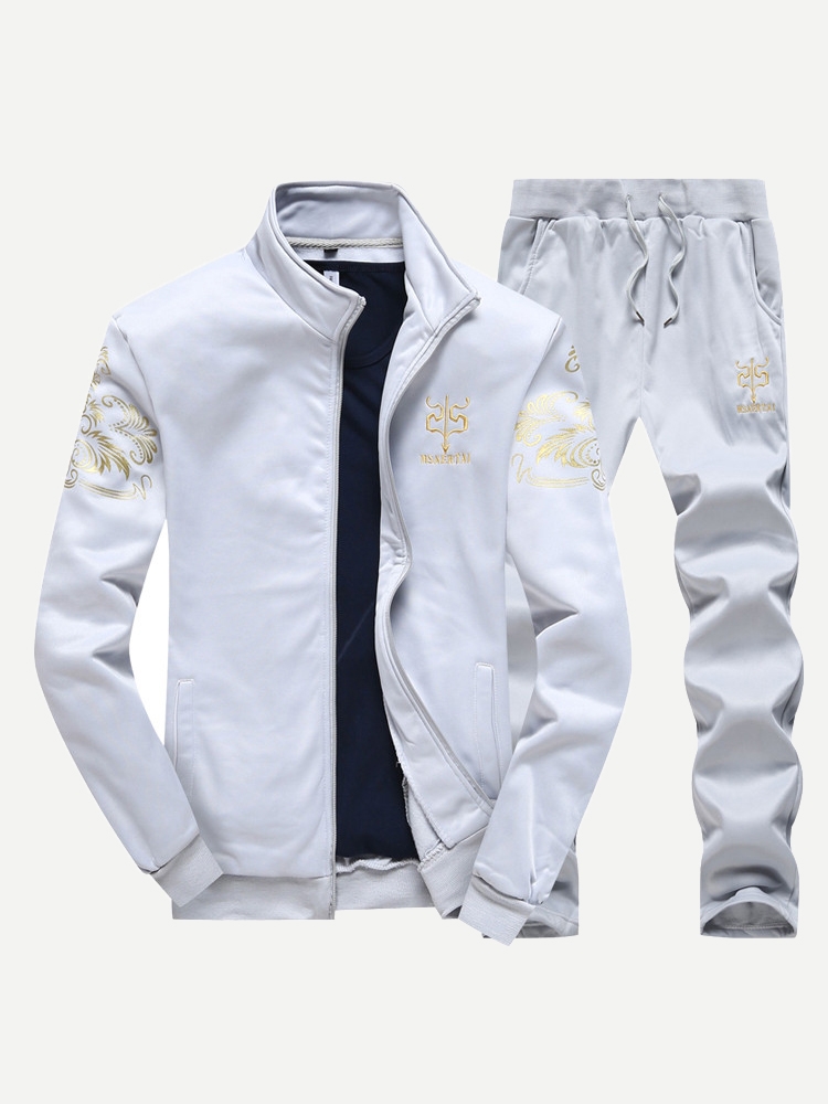 Men Graphic Print Jacket & Pants 2pcs