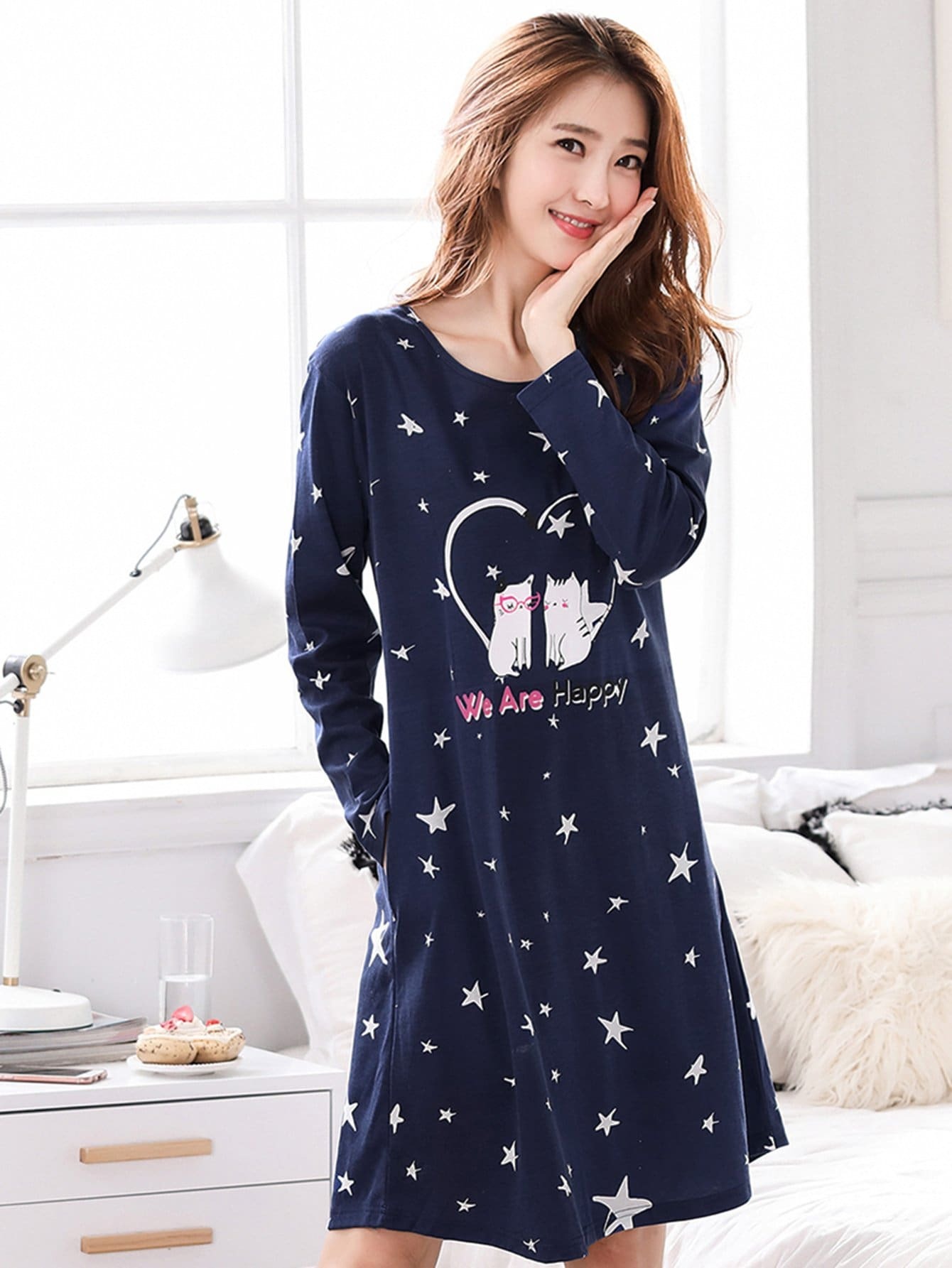 Cat & Star Print Night Dress