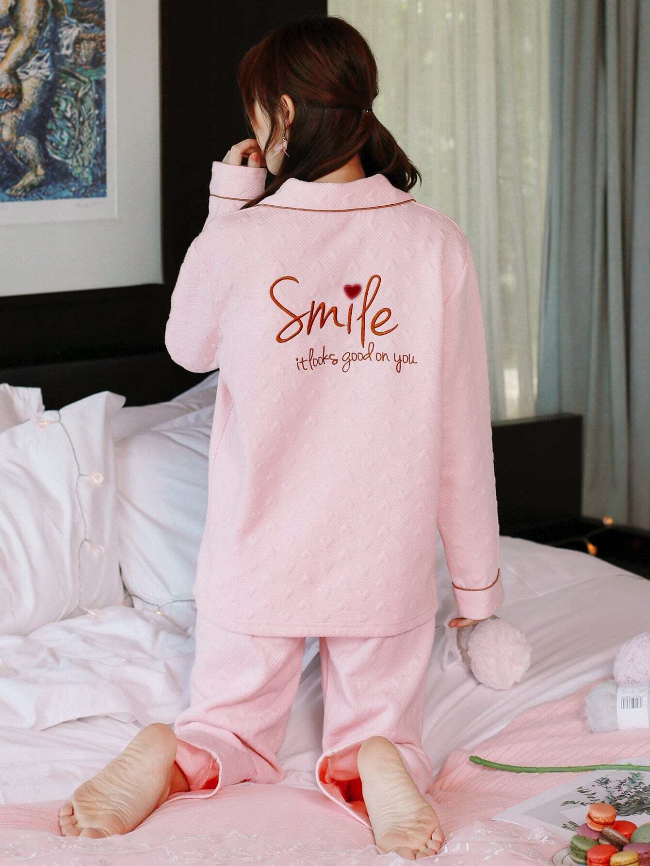 Heart & Letter Embroidered Pajama Set