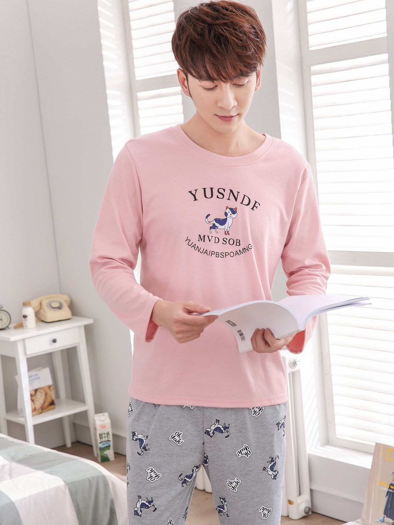 Men Cat & Letter Print Pajama Set