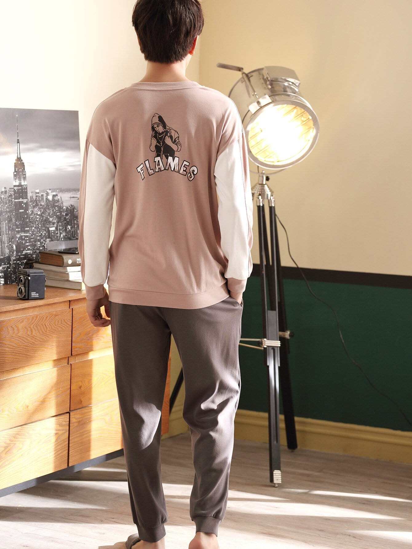 Men Figure & Letter Print Pajama Set