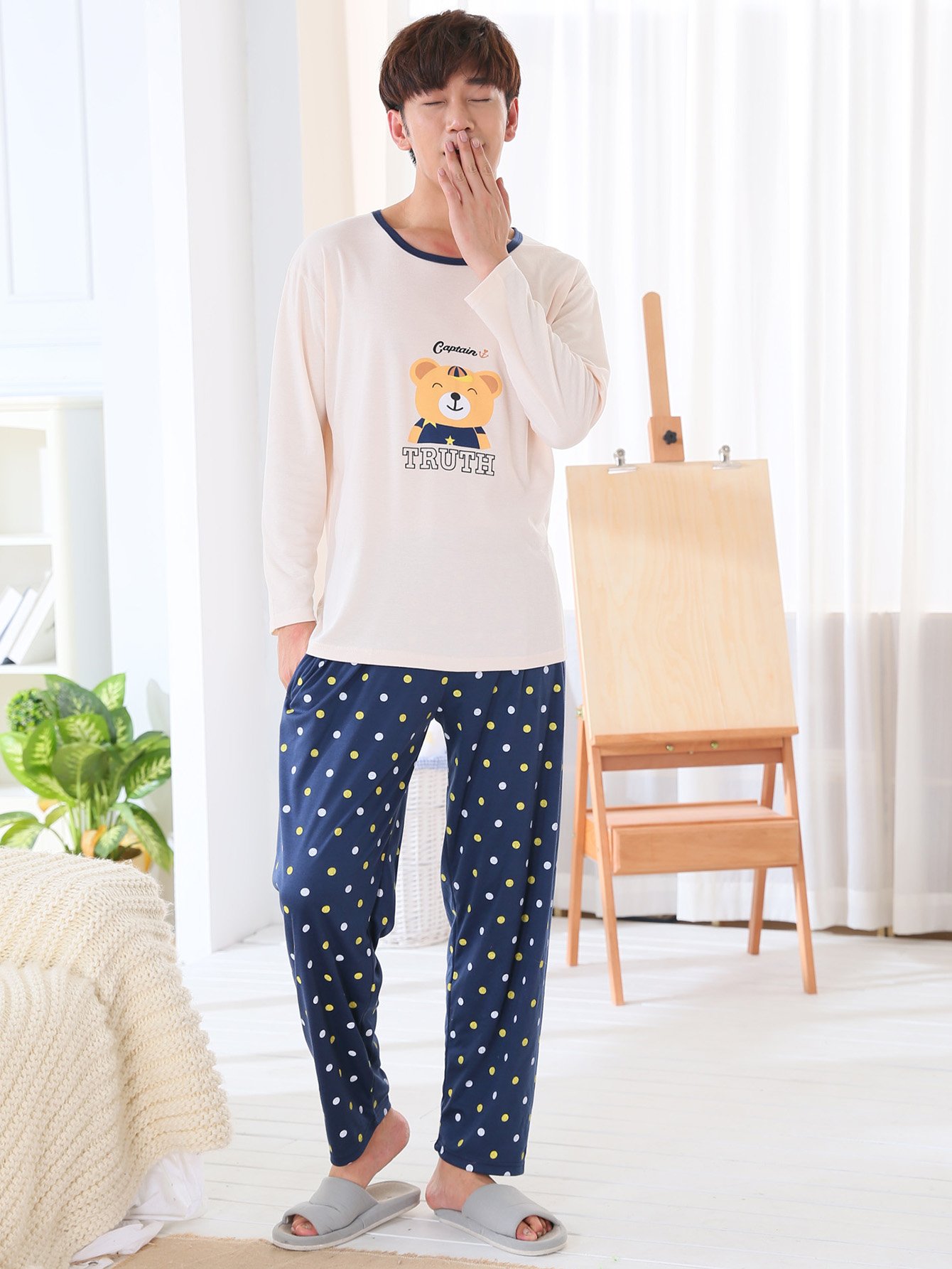 Men Bear Print Polka Dot Pajama Set
