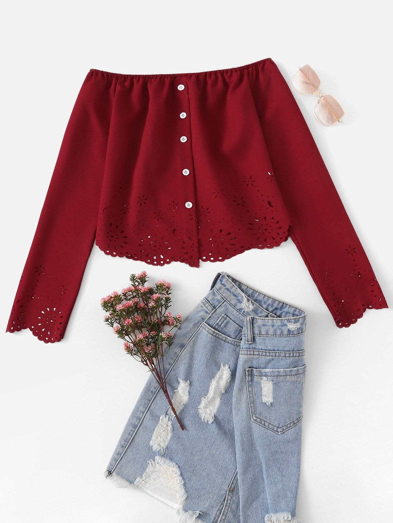 Off The Shoulder Laser Cut Single Breasted Blouse