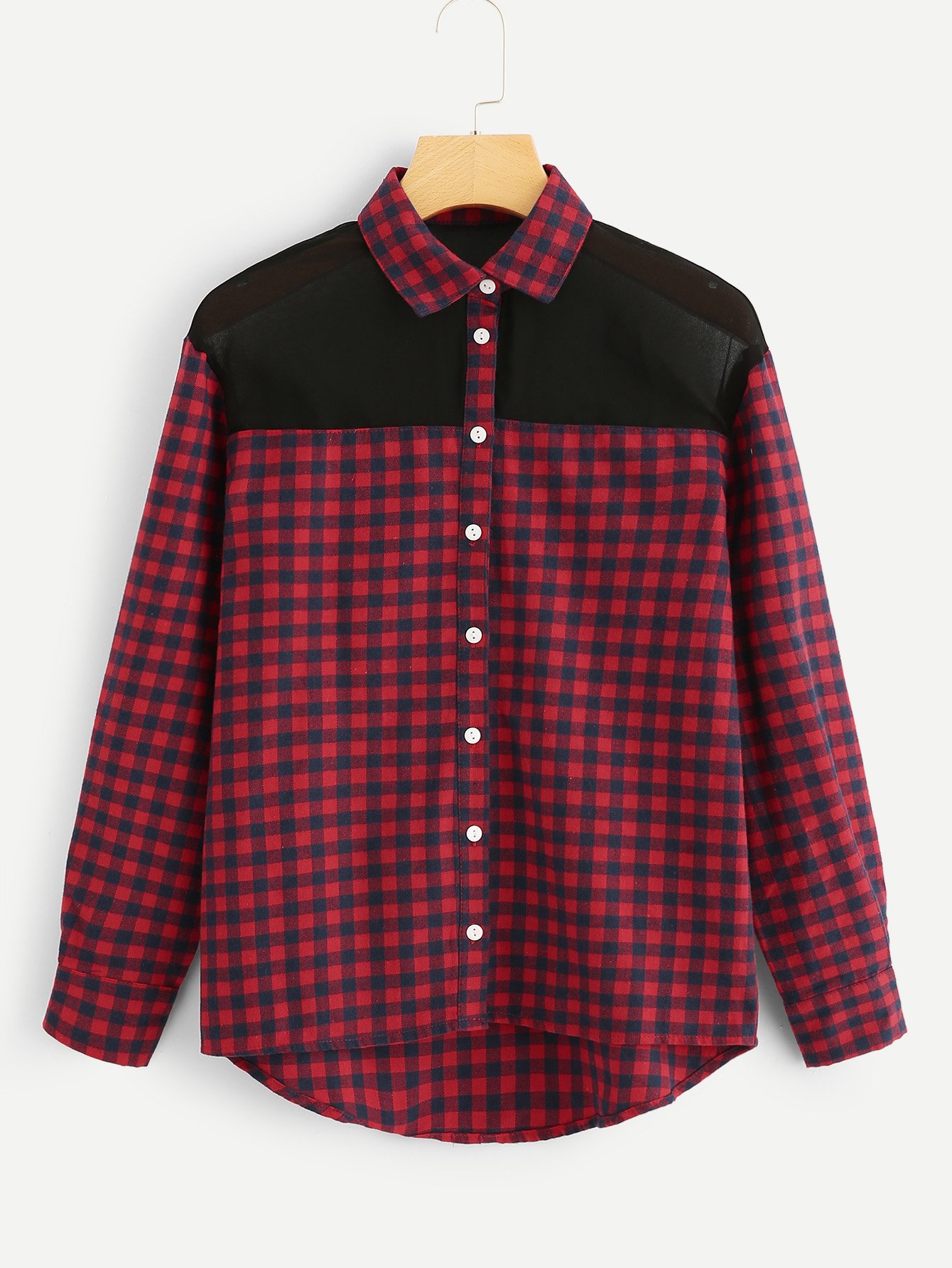 Plaid Single Breasted Mesh Panel Blouse