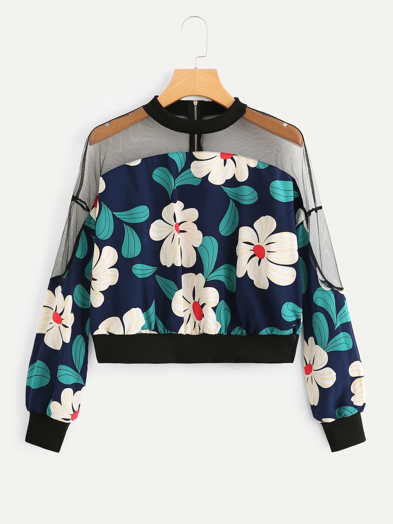 Floral Print Mesh Panel Blouse