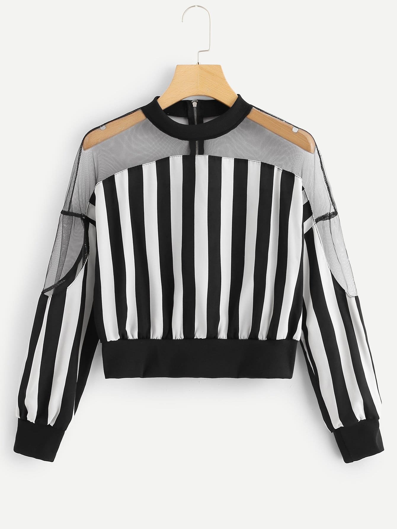 Striped Mesh Panel Blouse