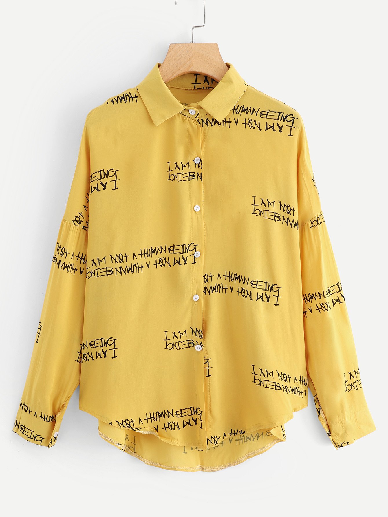 Letter Print Single Breasted Dip Hem Blouse