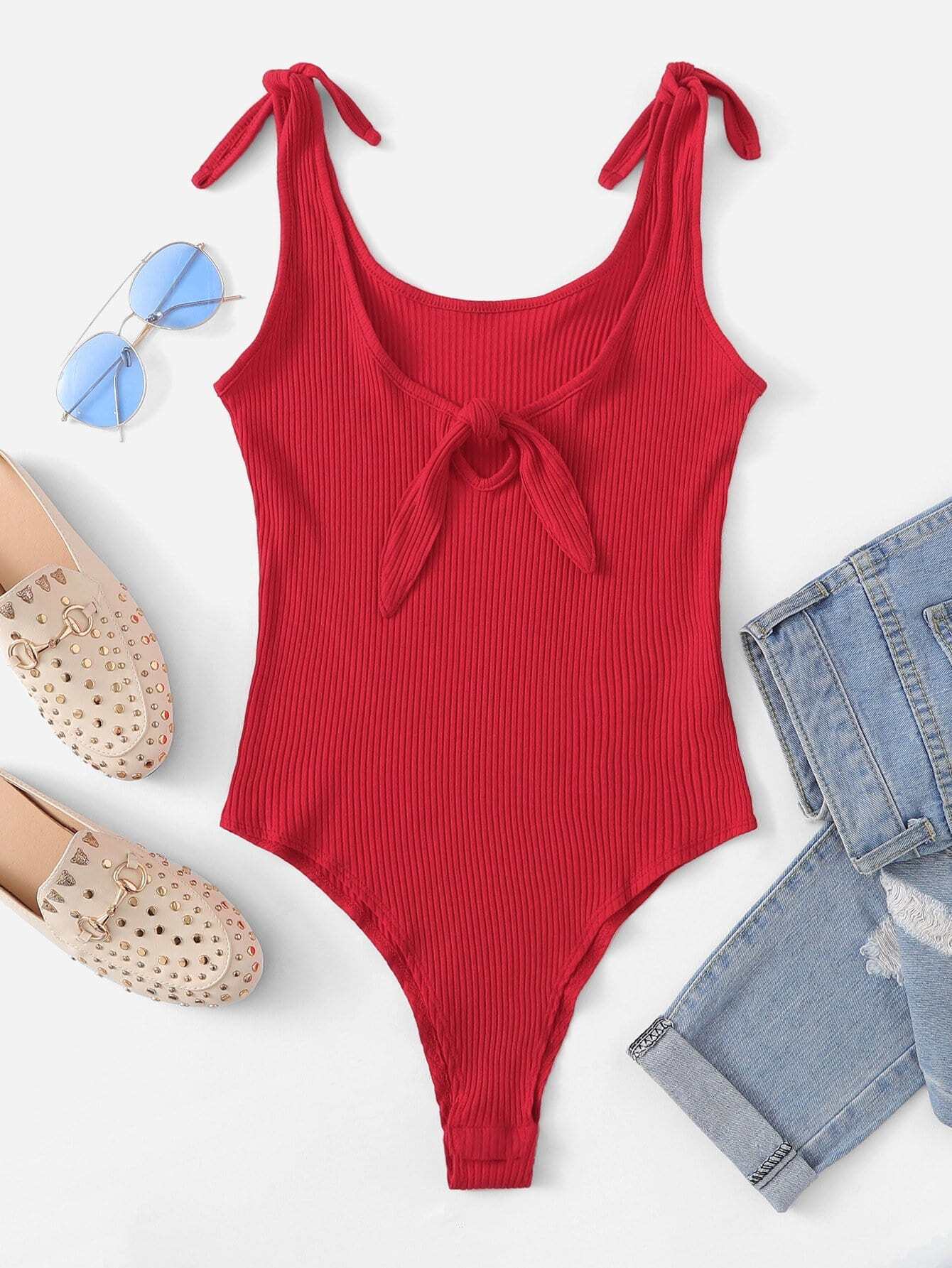 Rubbed Knot Detail Solid Bodysuit