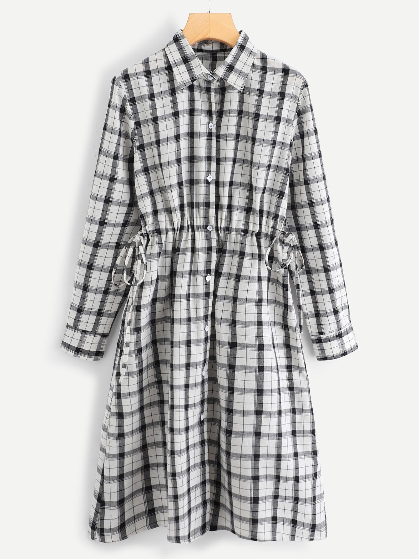 Plaid Drawstring Waist Single Breasted Dress