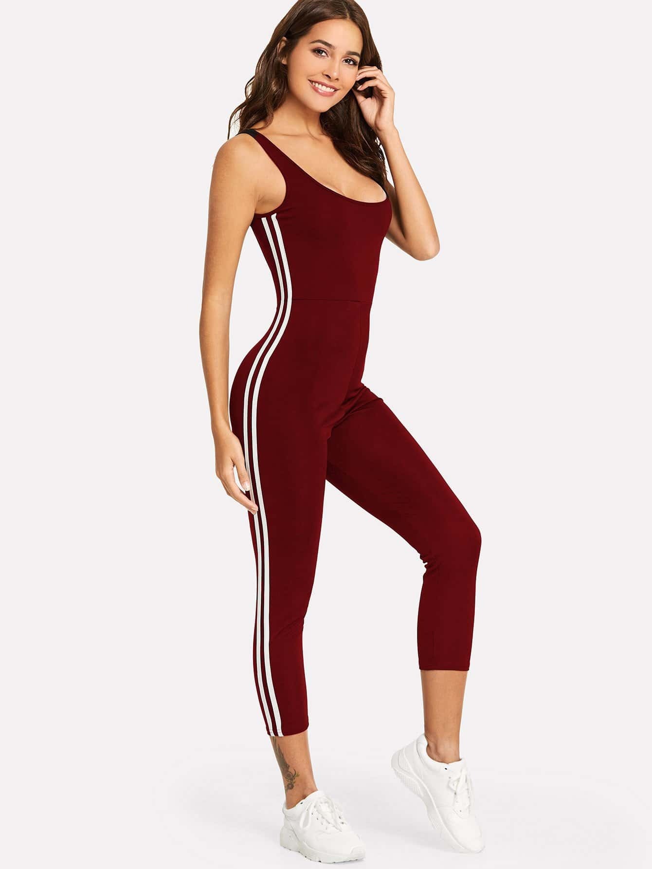 Backless Striped Tape Side Jumpsuit