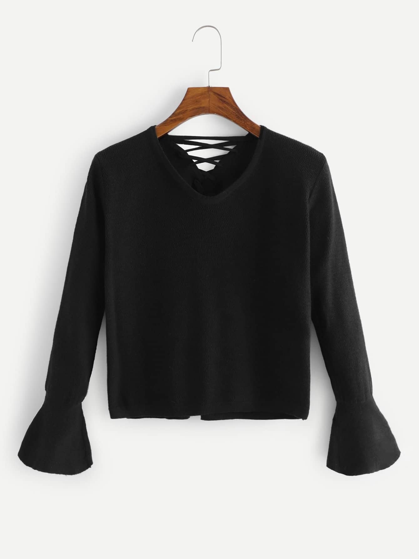 Lace Up Back Flounce Sleeve Jumper