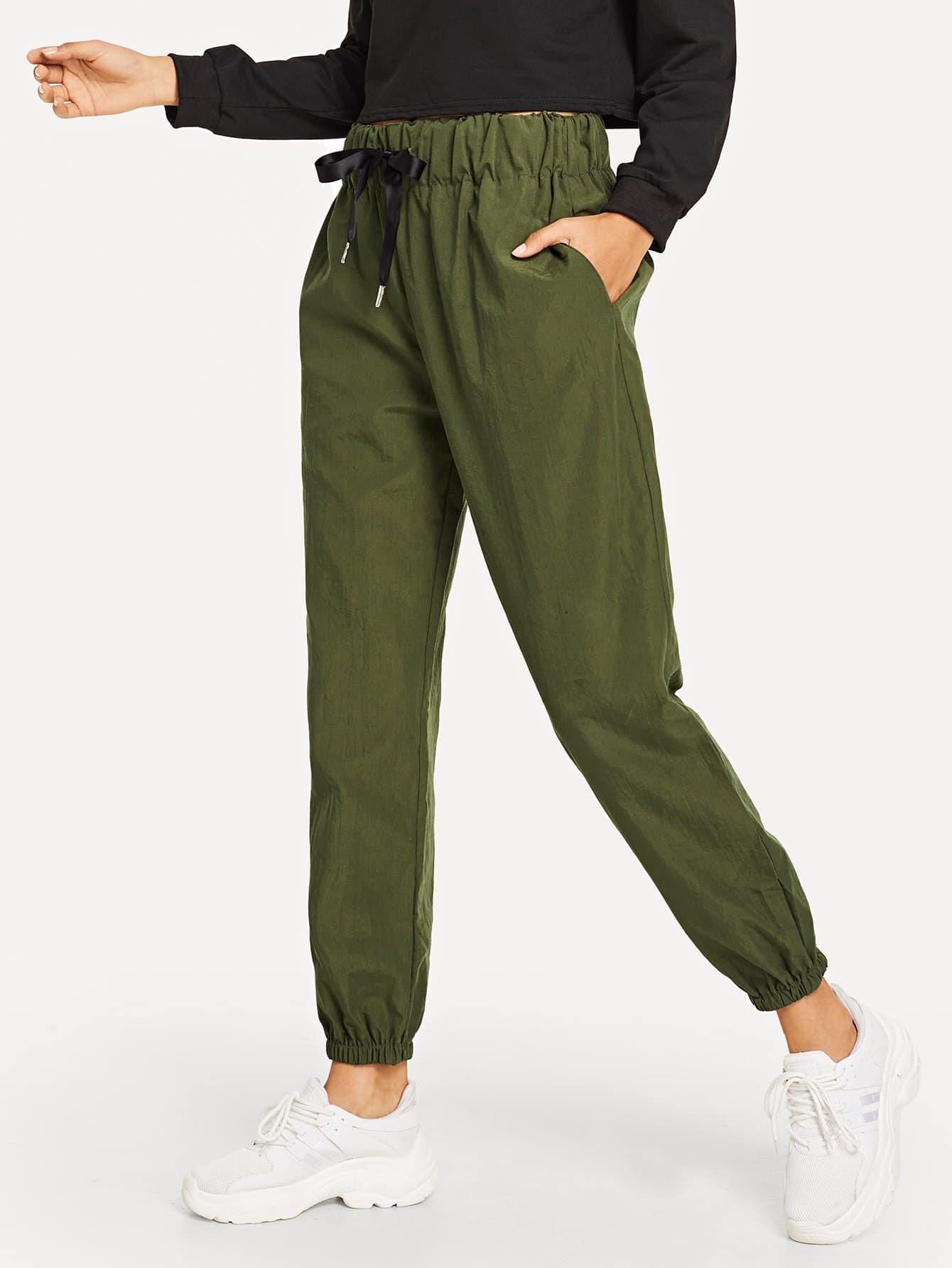 Drawstring Waist Solid Pants