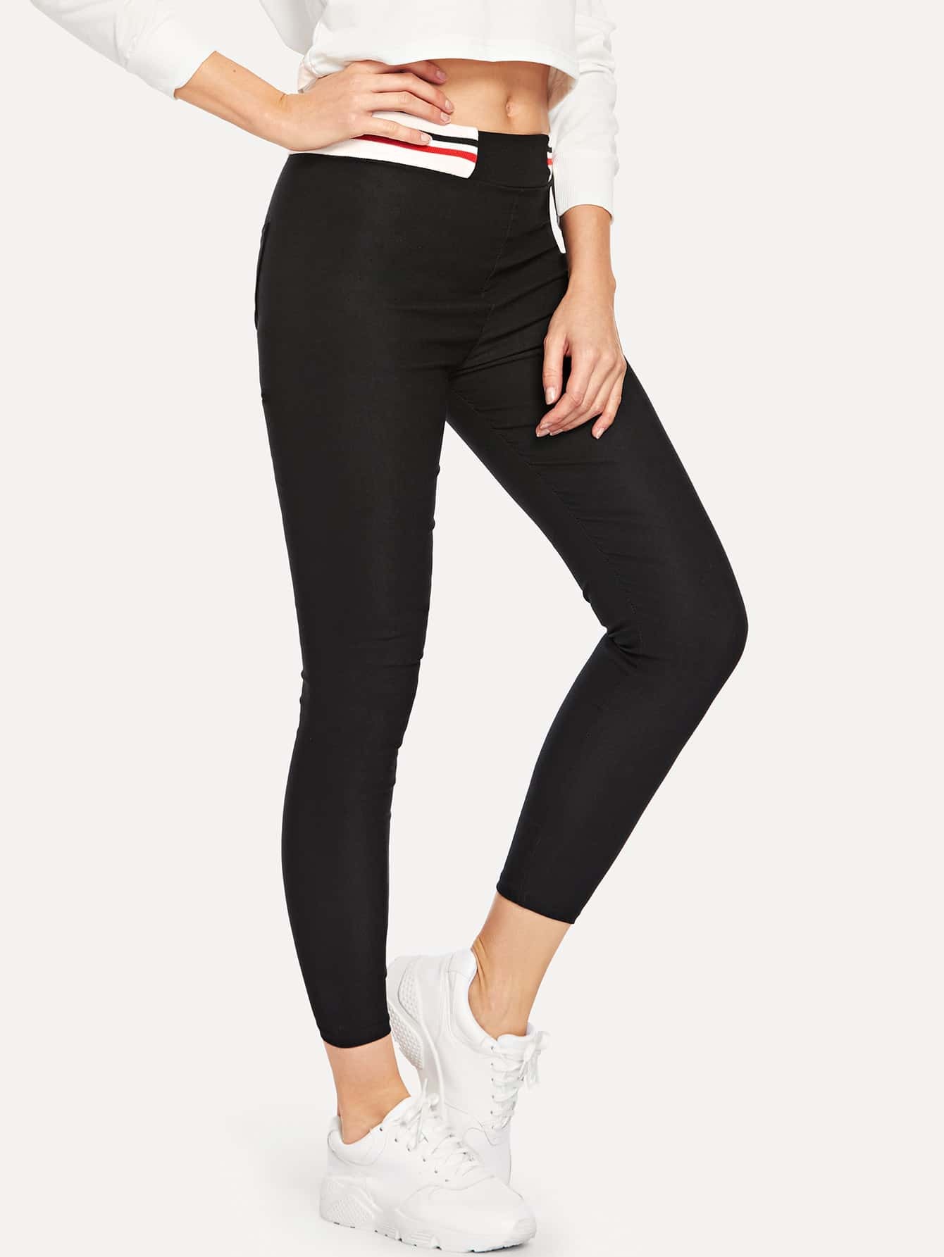 Striped Panel Waist Skinny Pants