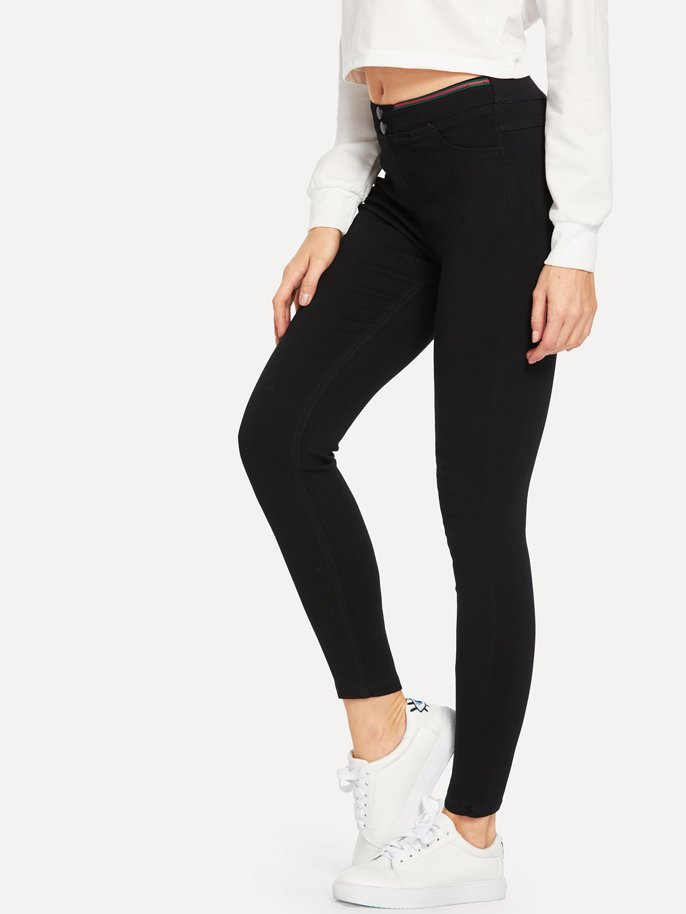 Button Detail Zip Front Solid Denim Pants