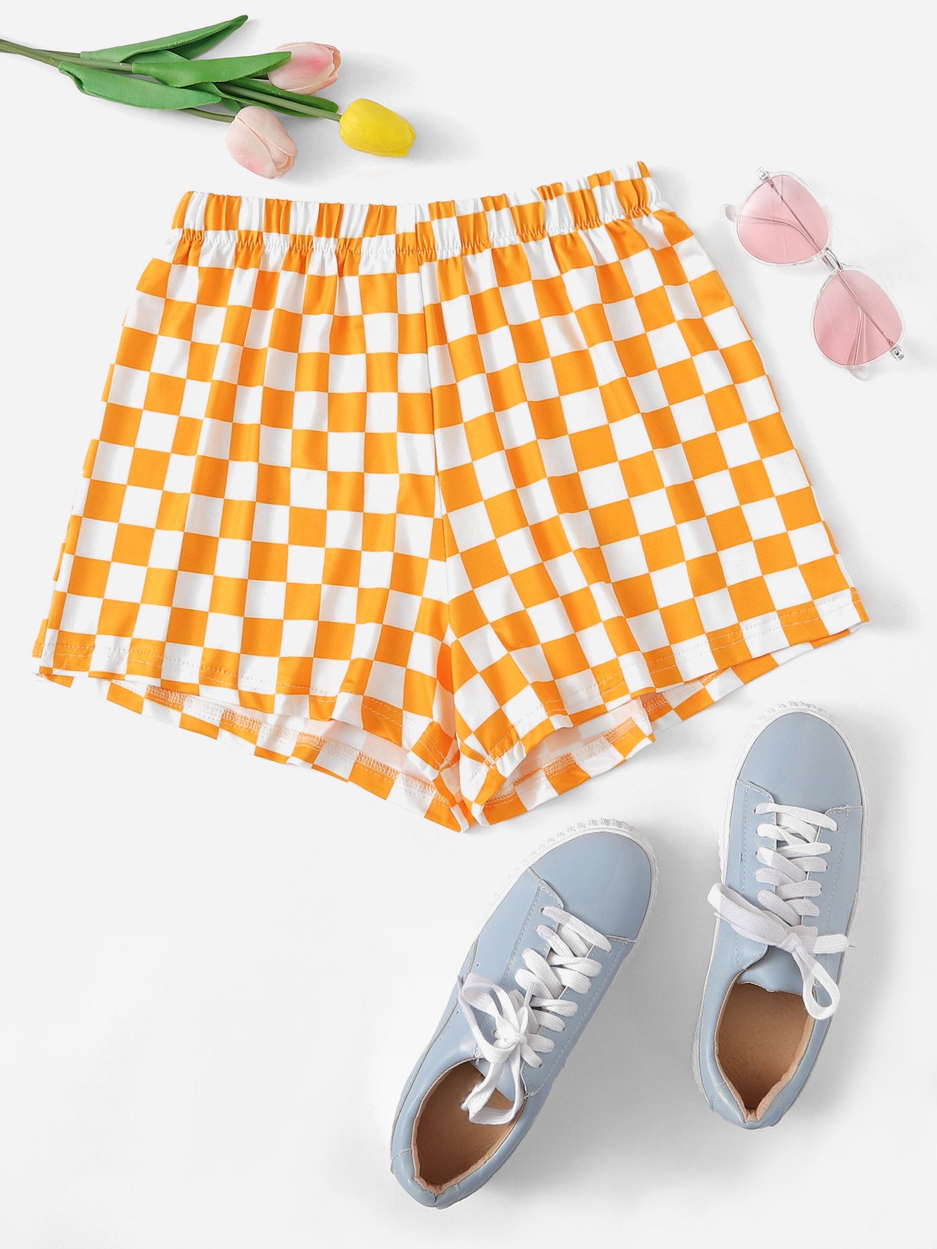 Plaid Elastic Waist Shorts
