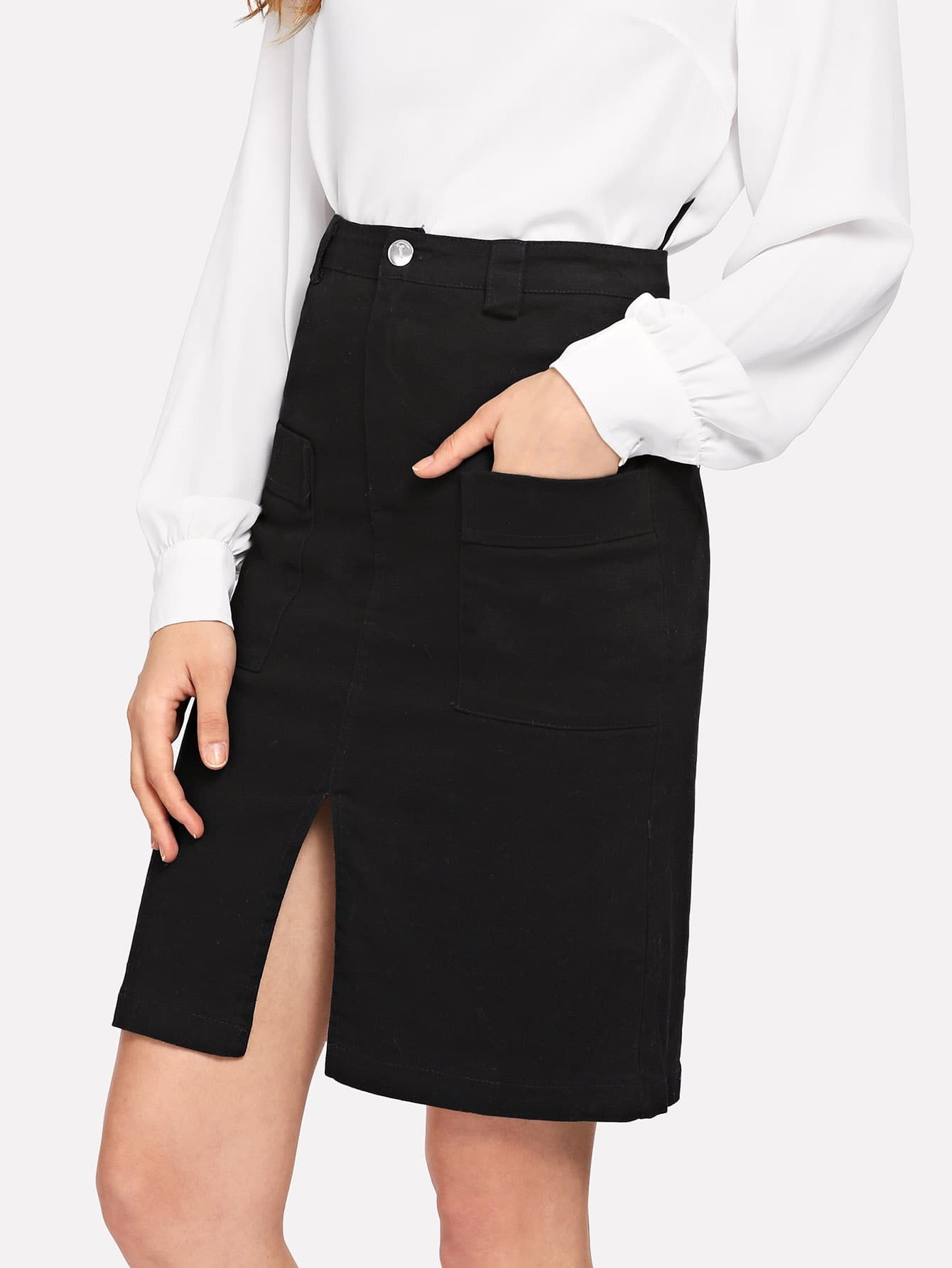 Split Solid Button Detail Skirt