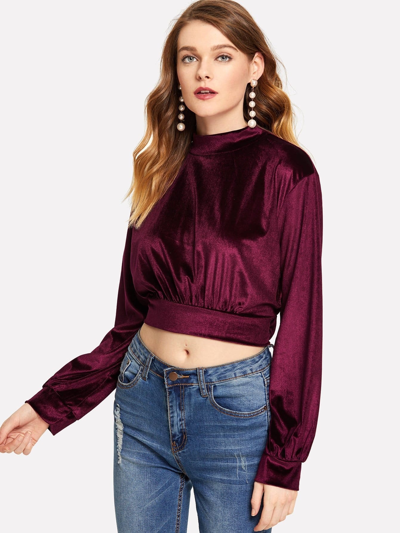 Stand Neck Solid Crop Sweatshirt