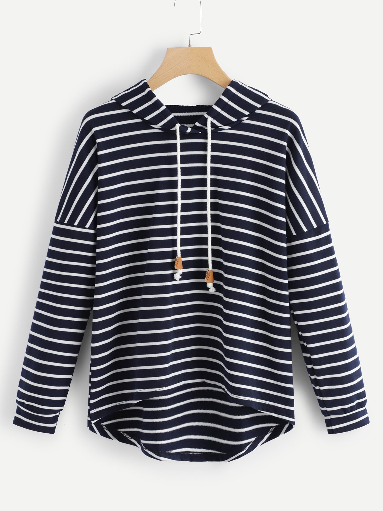 Striped Drop Shoulder High Low Hooded Sweatshirt