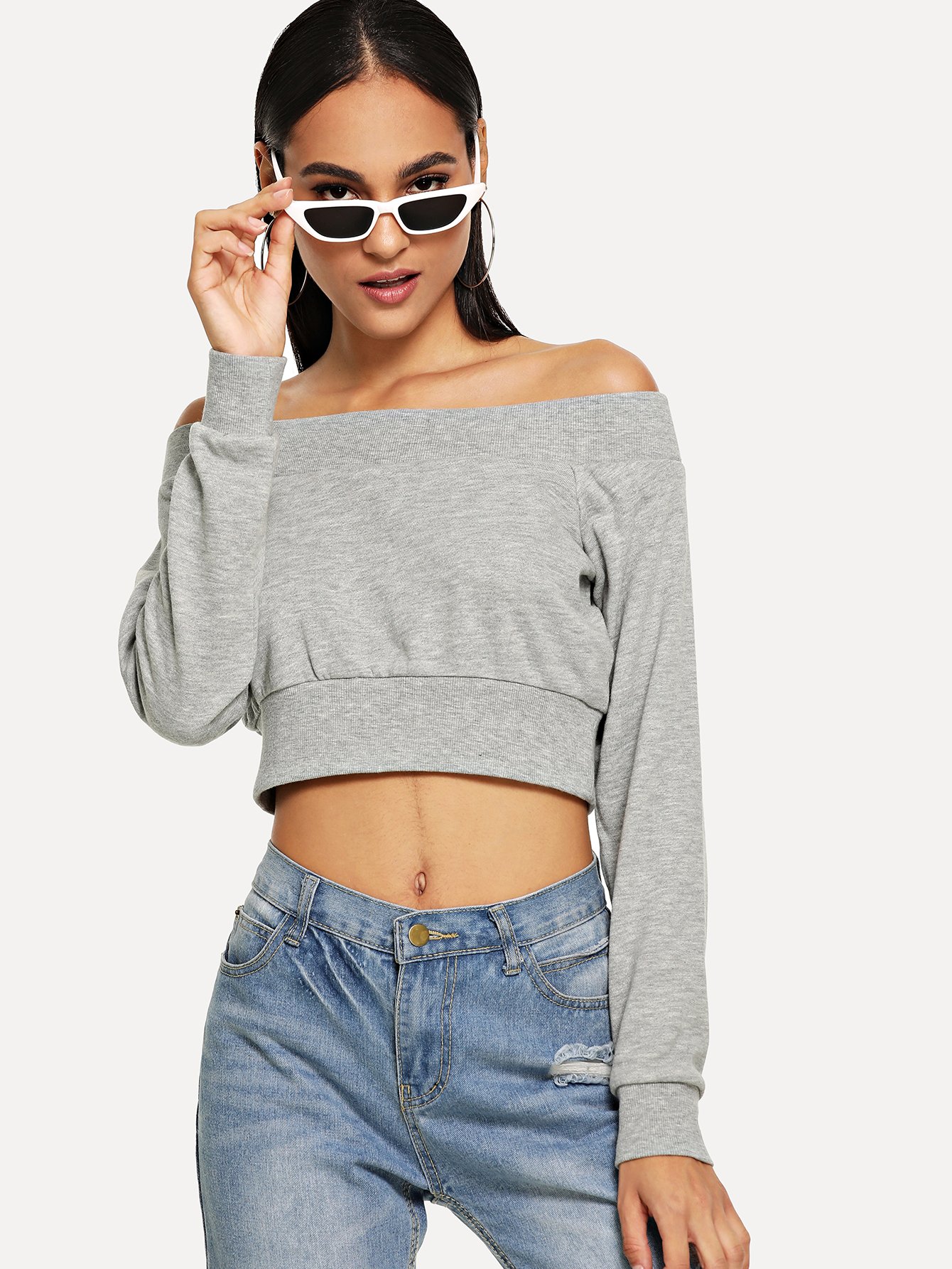 Solid Crop Open Shoulder Sweatshirt