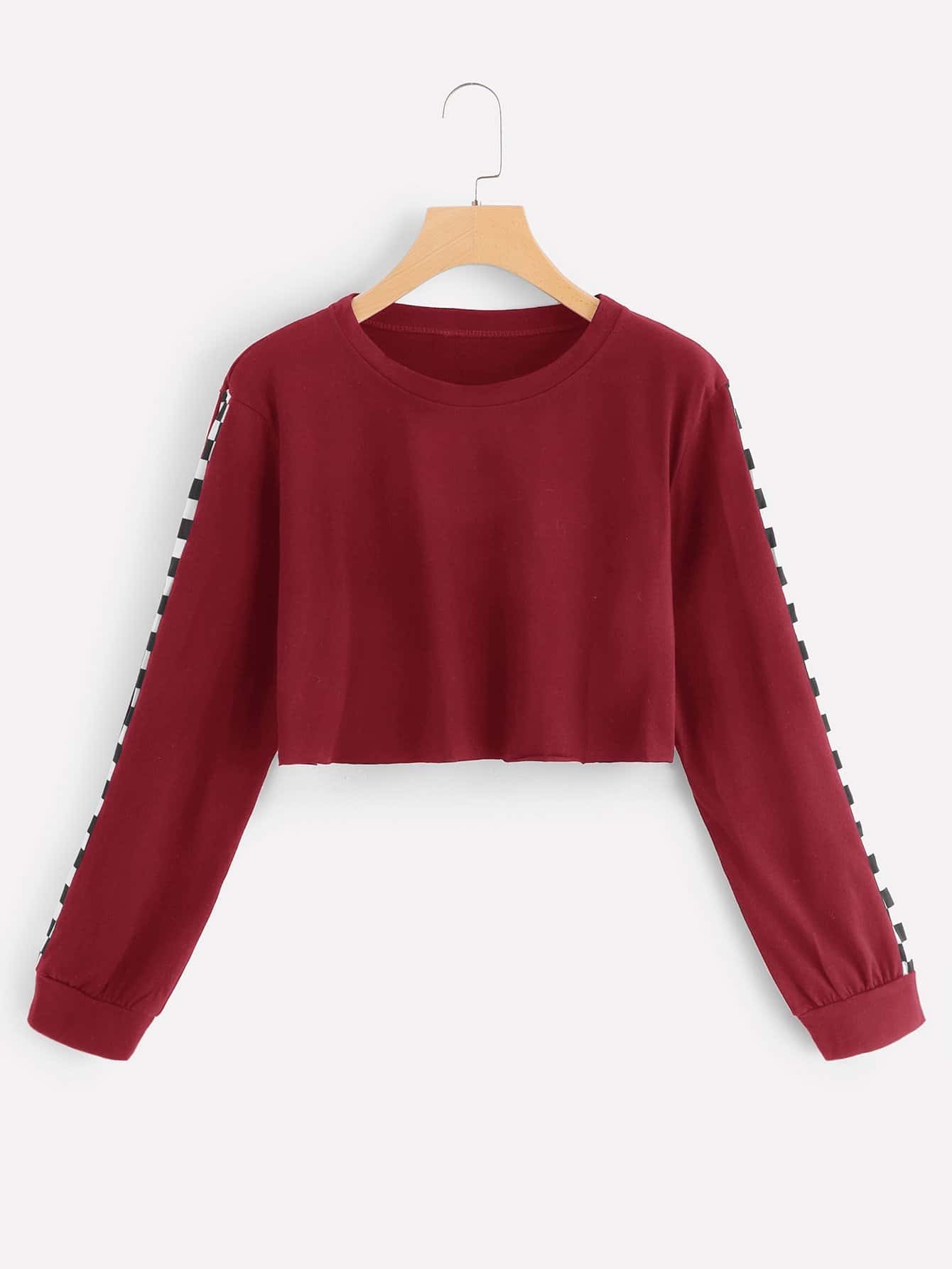 Gingham Tape Panel Sleeve Crop Tee