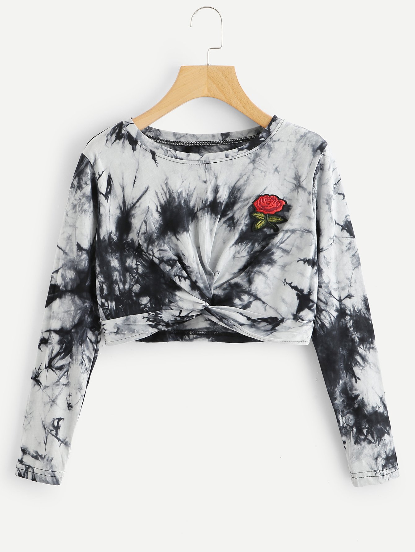 Rose Embroidered Patch Water Color Twist Sweatshirt