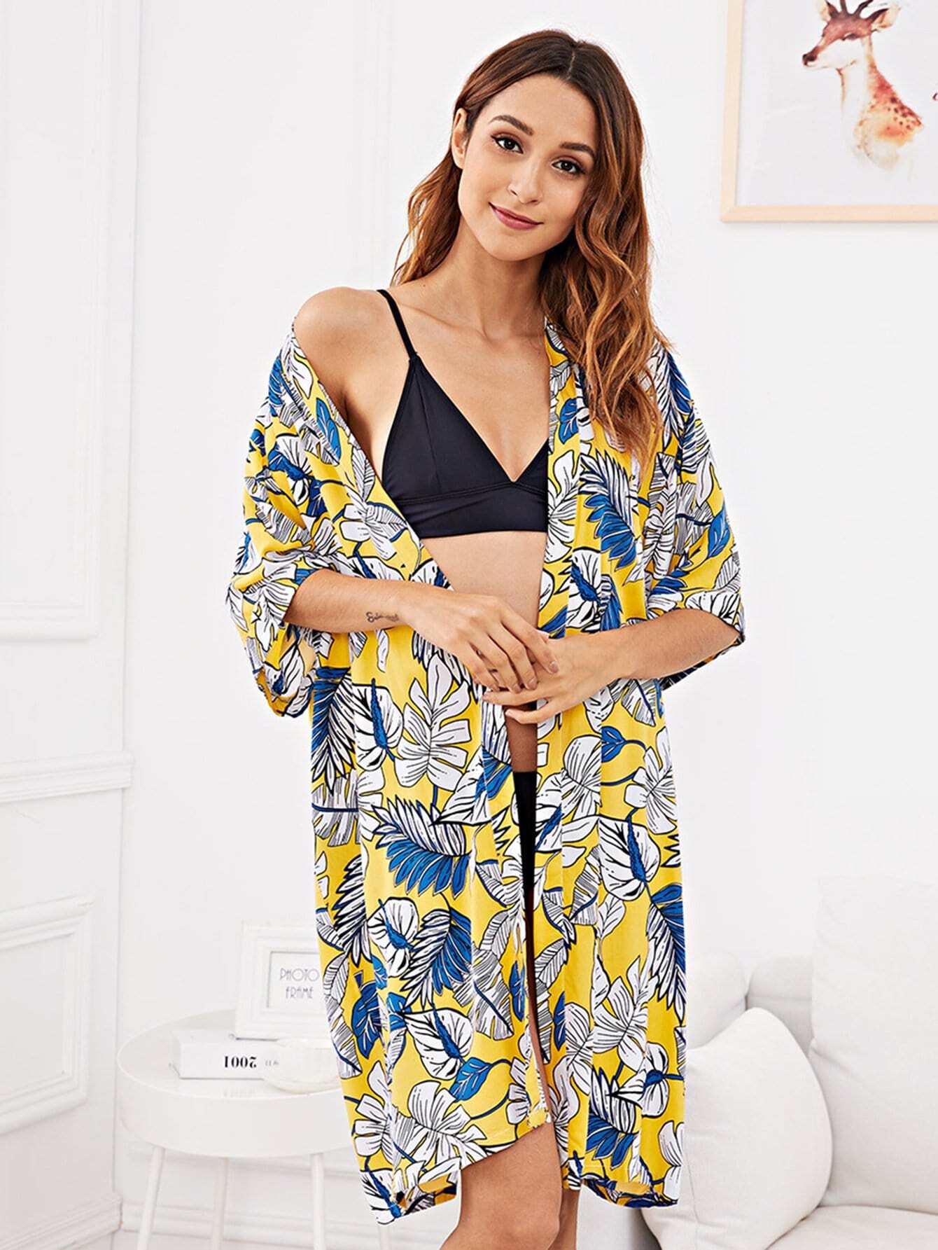 Домашний халат с принтом тропических листьев и с поясом