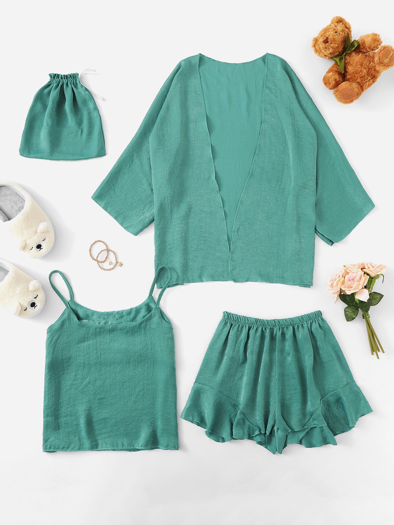 Plus 4Pcs Ruffle Hem Cami Pajama Set With Robe