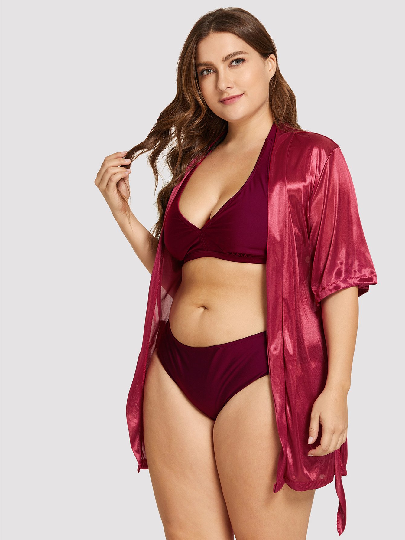 Плюс размеры простый халат со стрингом с поясом