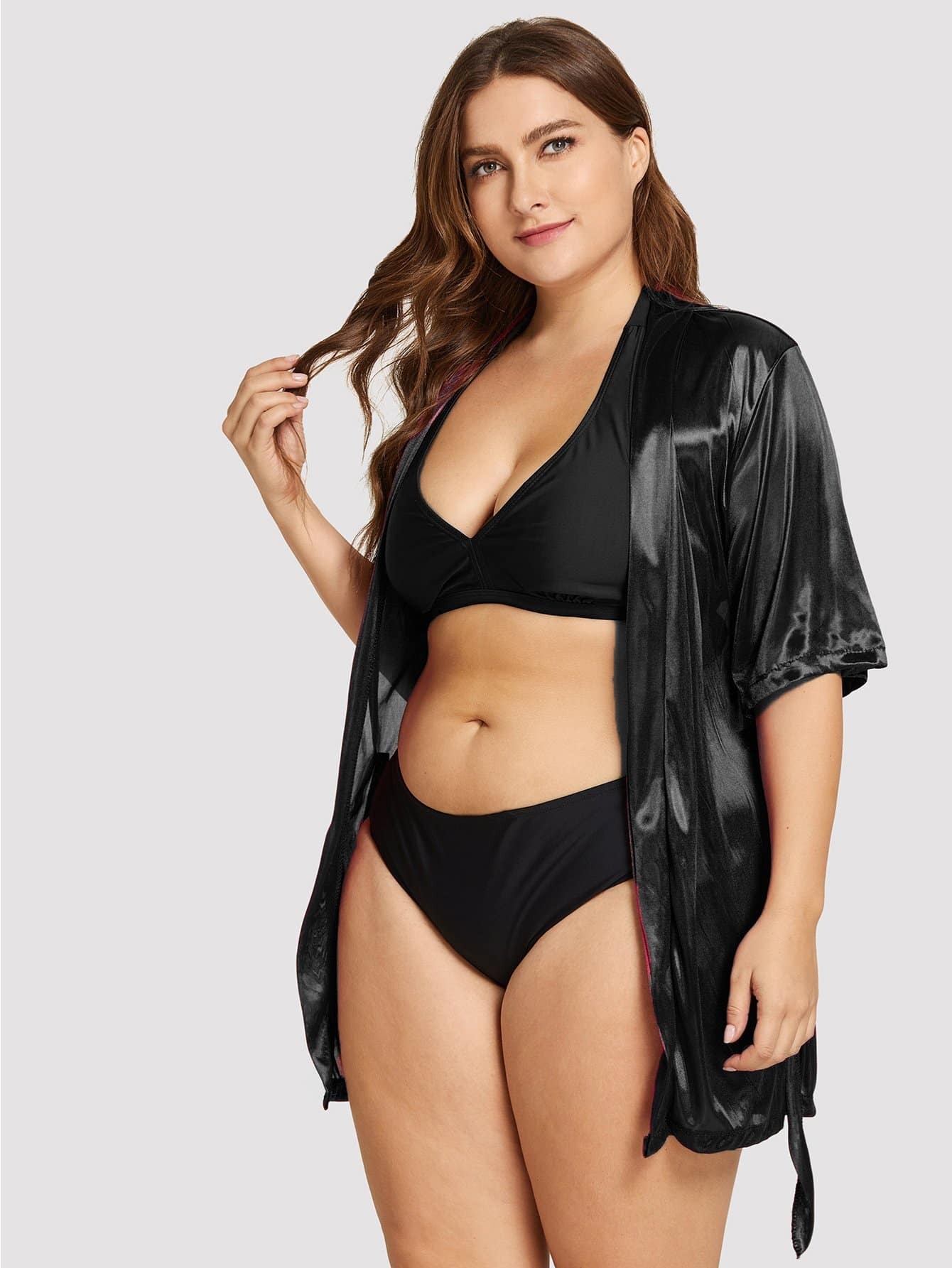 Плюс размеры простый халат со стрингом с поясом