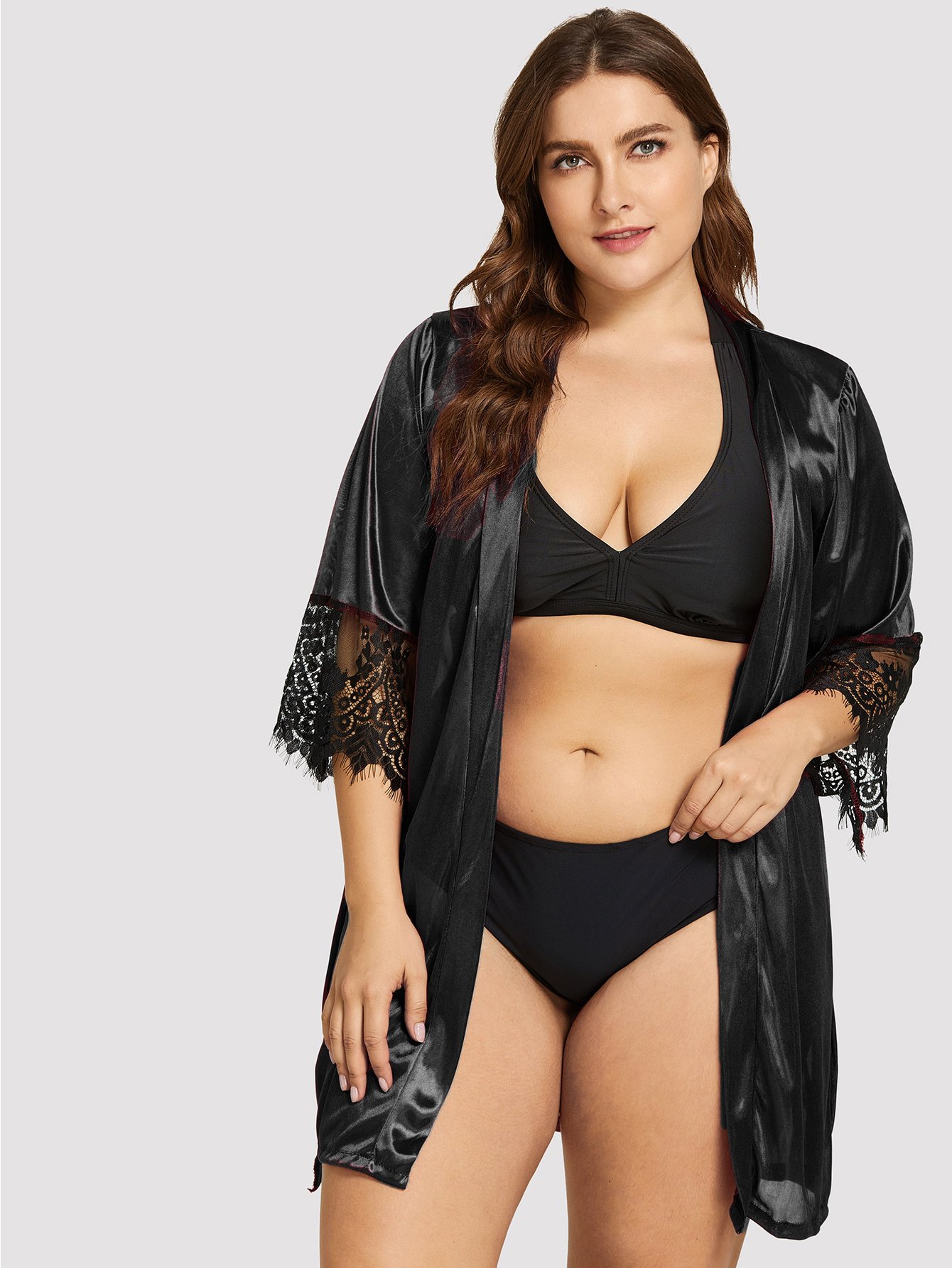 Плюс размеры кружева халат со стрингом с поясом