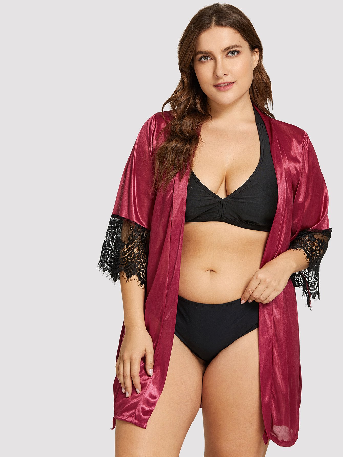 Плюс размеры кружева халат со стрингом с поясом